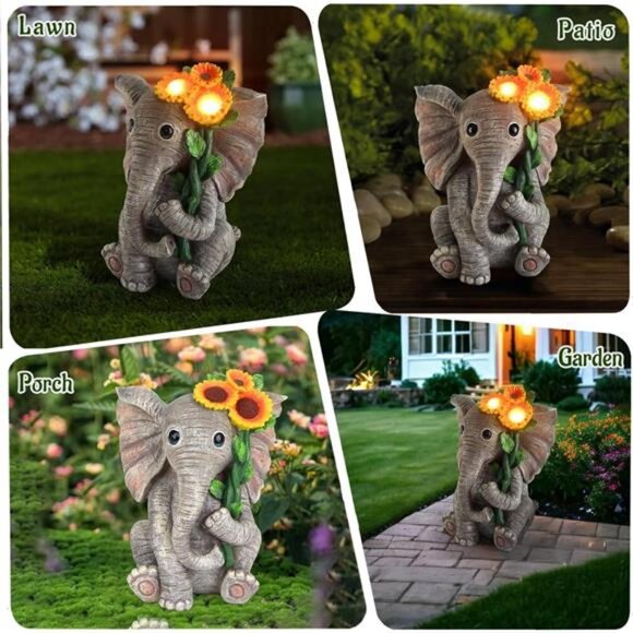Outdoor Sculpture Figurine Statue Elephant Decor, Solar Garden Statues - Picture 4 of 7